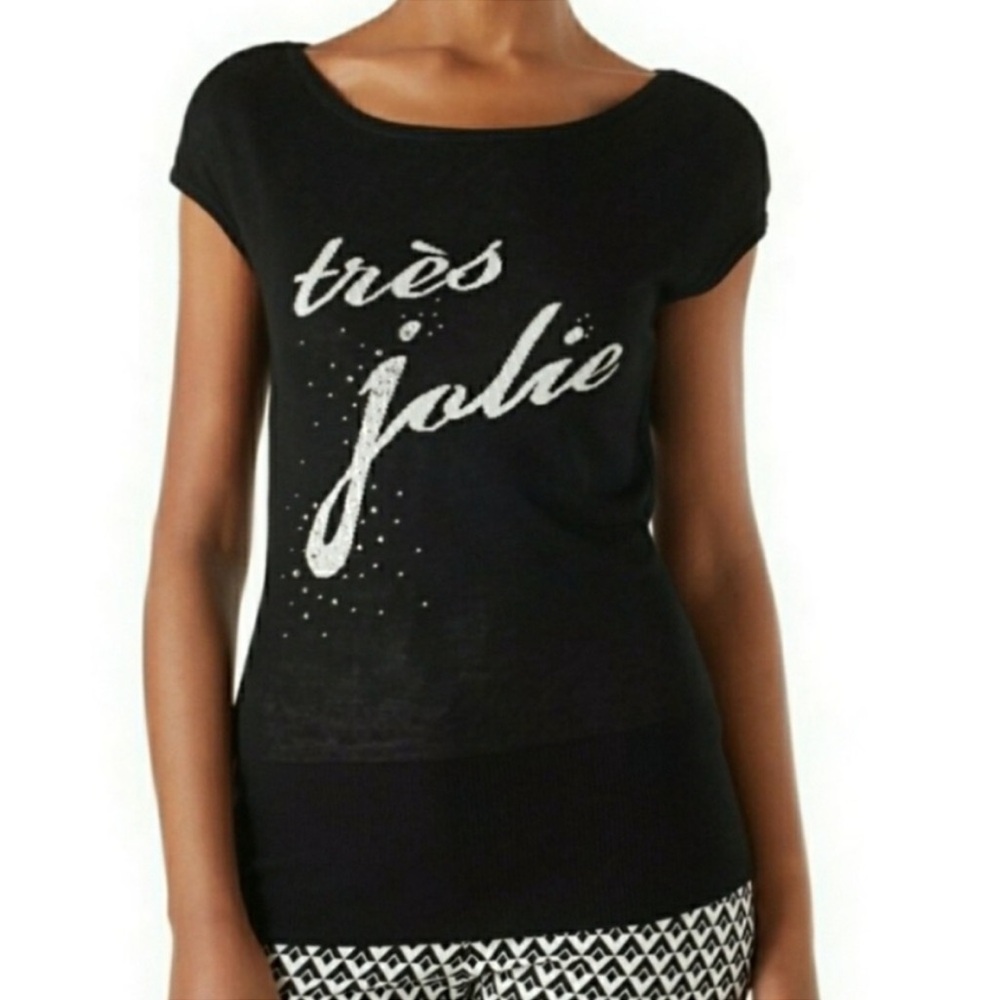 White House Black Market Tres Jolie Black Embellished Cap Sleeve Top Sz S